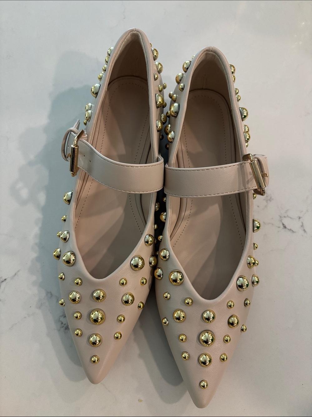 New Gold-Studded Cream Mary Jane Pointed Flats